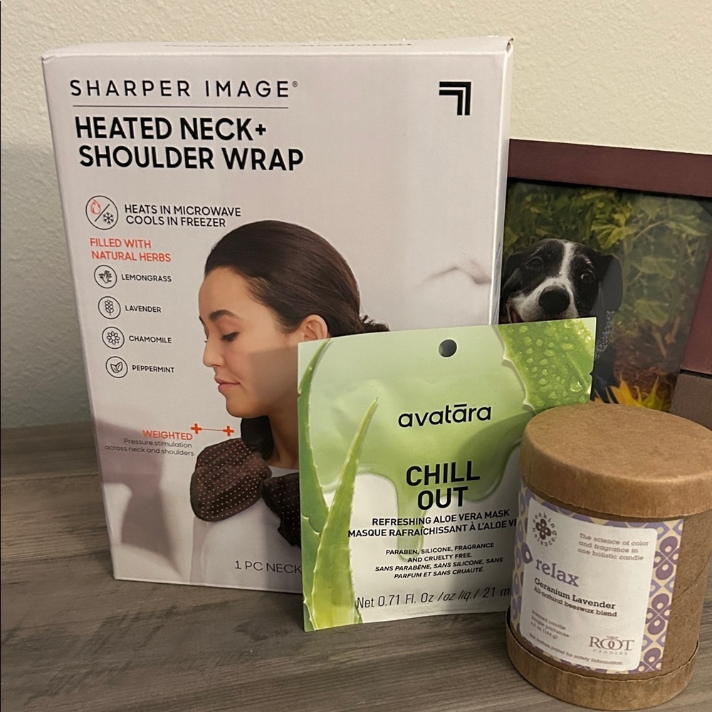 Sharper Image Heated Neck and Shoulder Wrap and relaxation bundle.